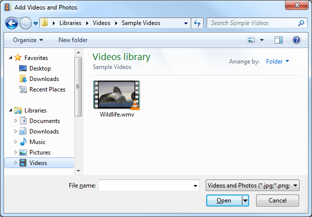 Image of browsing for videos in Windows Movie Maker